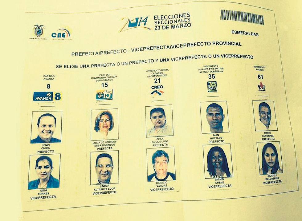 Papeleta electoral nueva de la provincia de Esmeraldas.