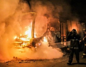 One of the 15 buses torched in Sao Paulo.